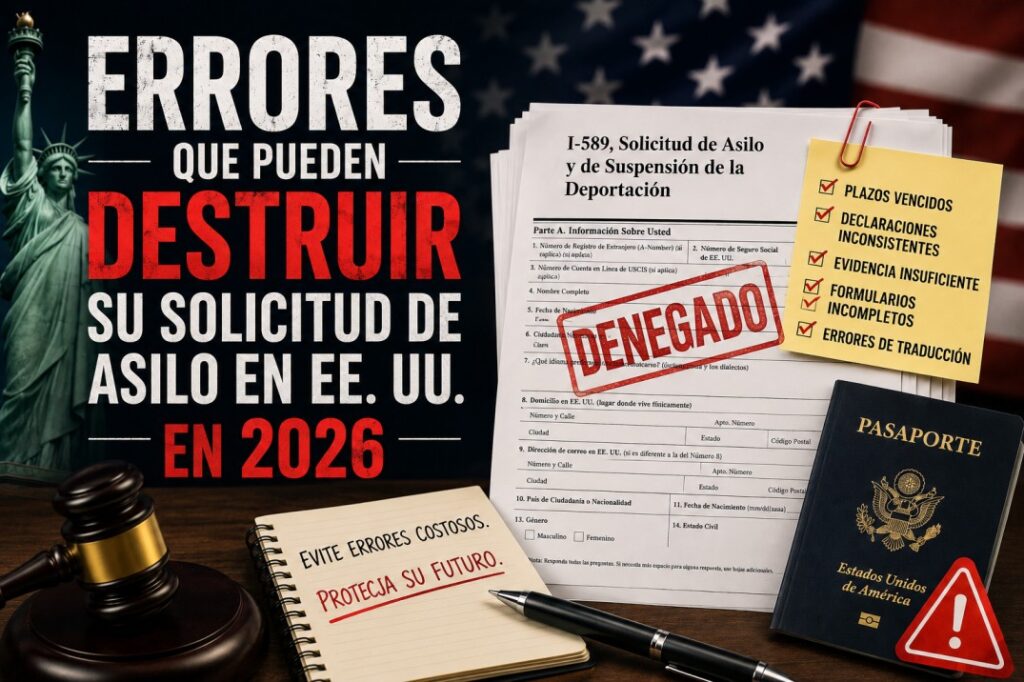 Errores comunes en solicitudes de asilo en Estados Unidos en 2026, incluyendo plazos vencidos, evidencia insuficiente y formularios incompletos