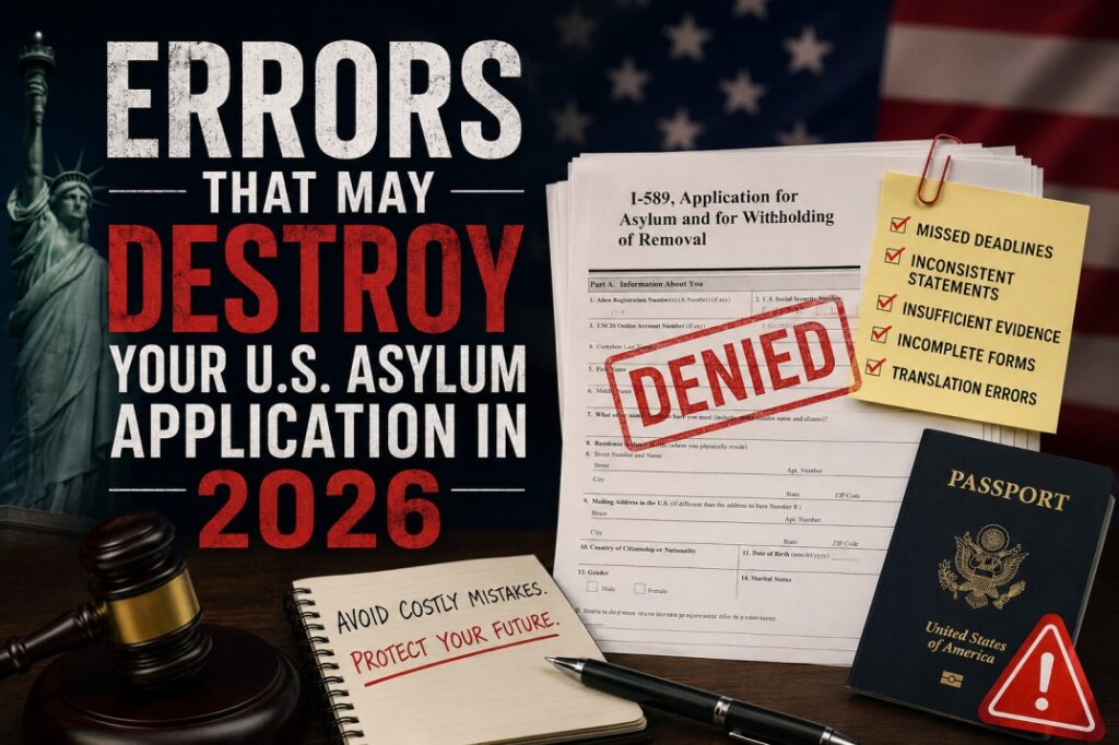 U.S. asylum application mistakes in 2026 showing denied Form I-589, missed deadlines, insufficient evidence, and immigration legal warning signs