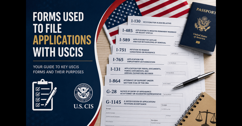USCIS Forms Used to File Immigration Applications including Form I-130, I-485, I-765, and other immigration documents.