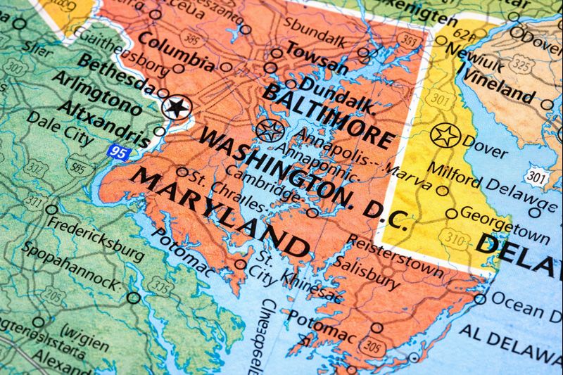 Detailed map of the Mid-Atlantic region highlighting Maryland, Washington, D.C., and surrounding areas, representing the service coverage of The Law Office of Elizabeth Lawrence, LLC. With offices in Owings Mills and Fort Washington, Maryland, the map reflects legal services provided across Baltimore City and Baltimore County, Howard County, Anne Arundel County, Prince George’s County, Montgomery County, Washington, D.C., and throughout the state of Maryland and the District of Columbia.