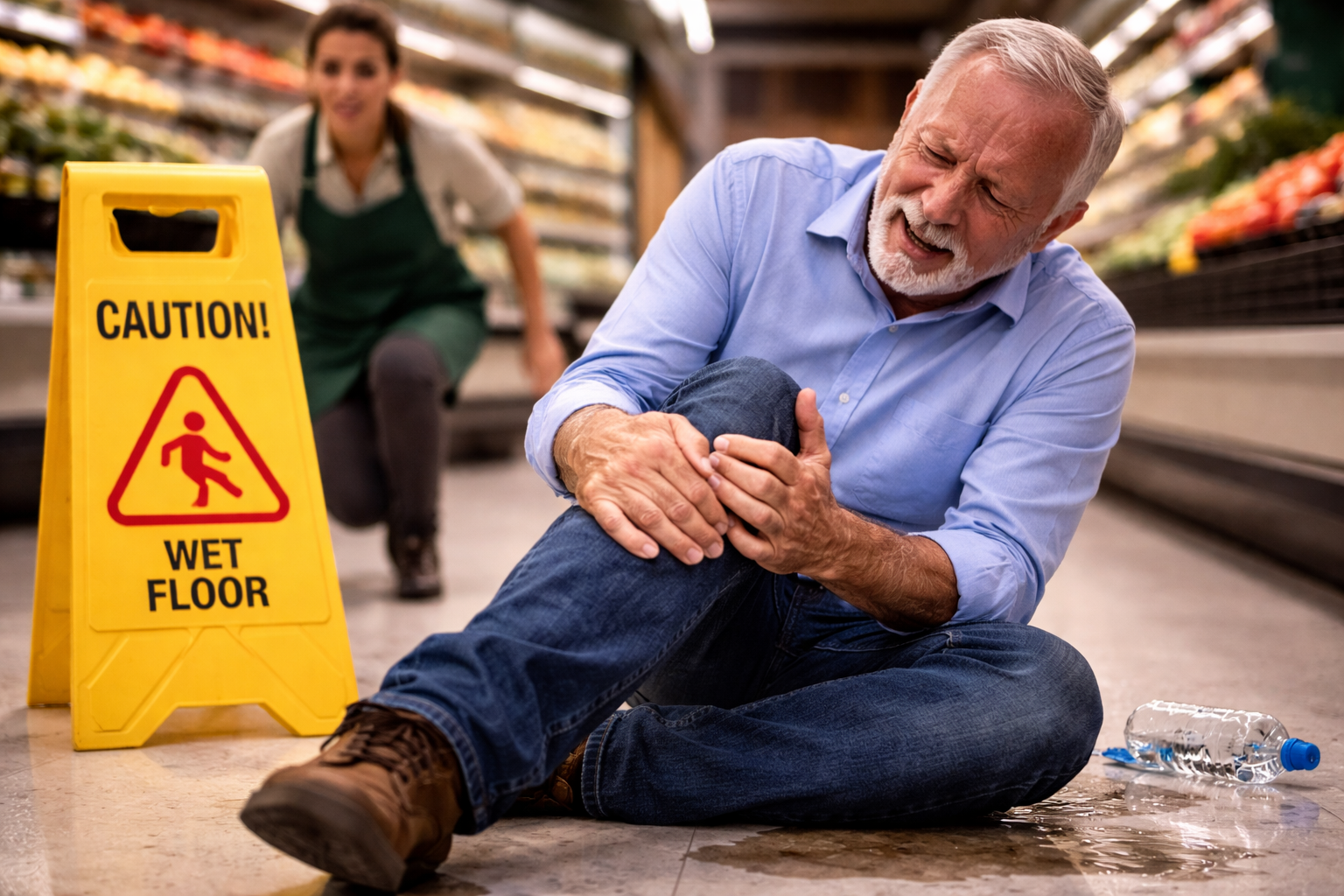 Older man injured in grocery store slip and fall accident caused by wet floor