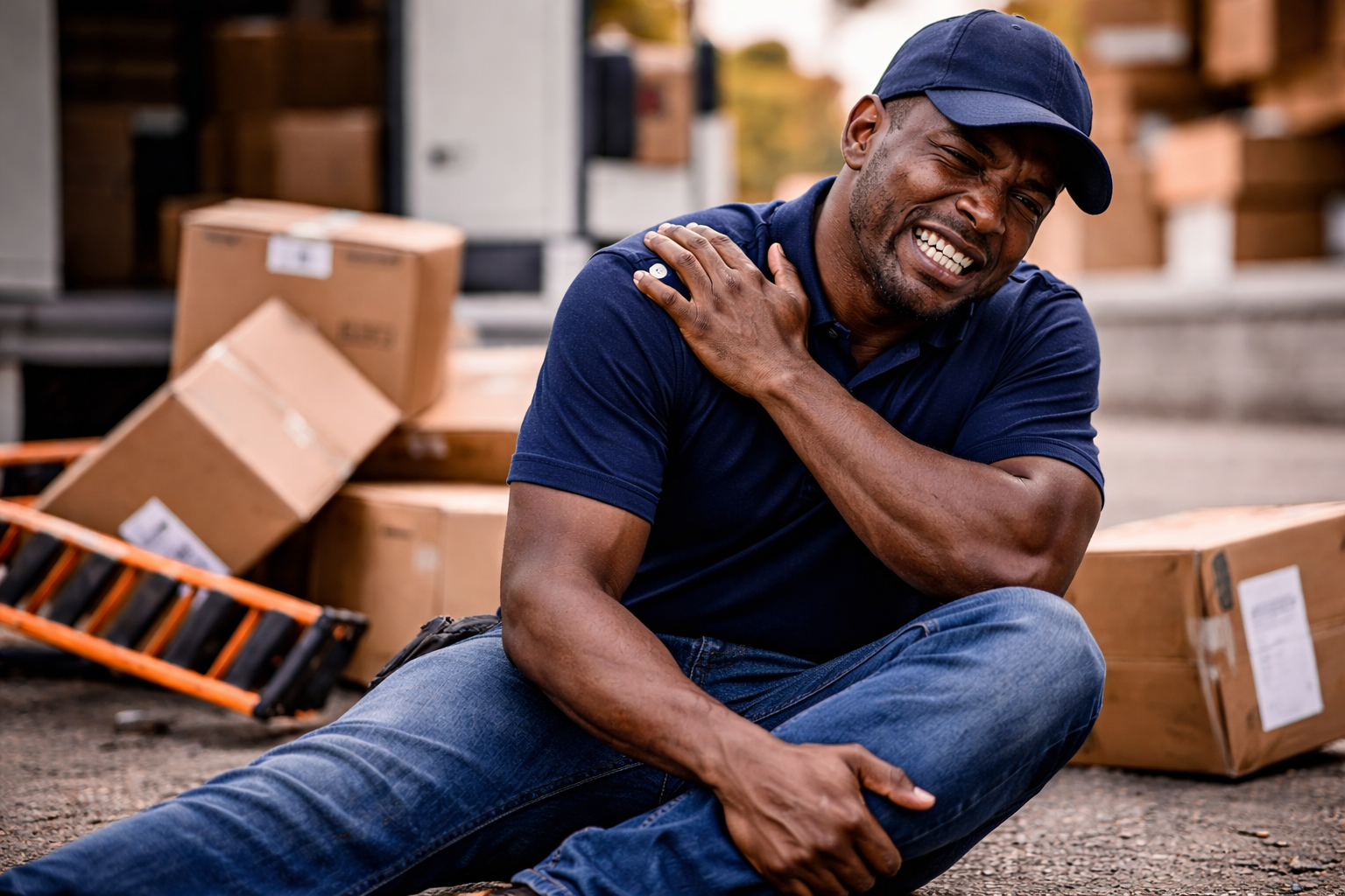 African American delivery worker injured on the job holding shoulder after workplace accident