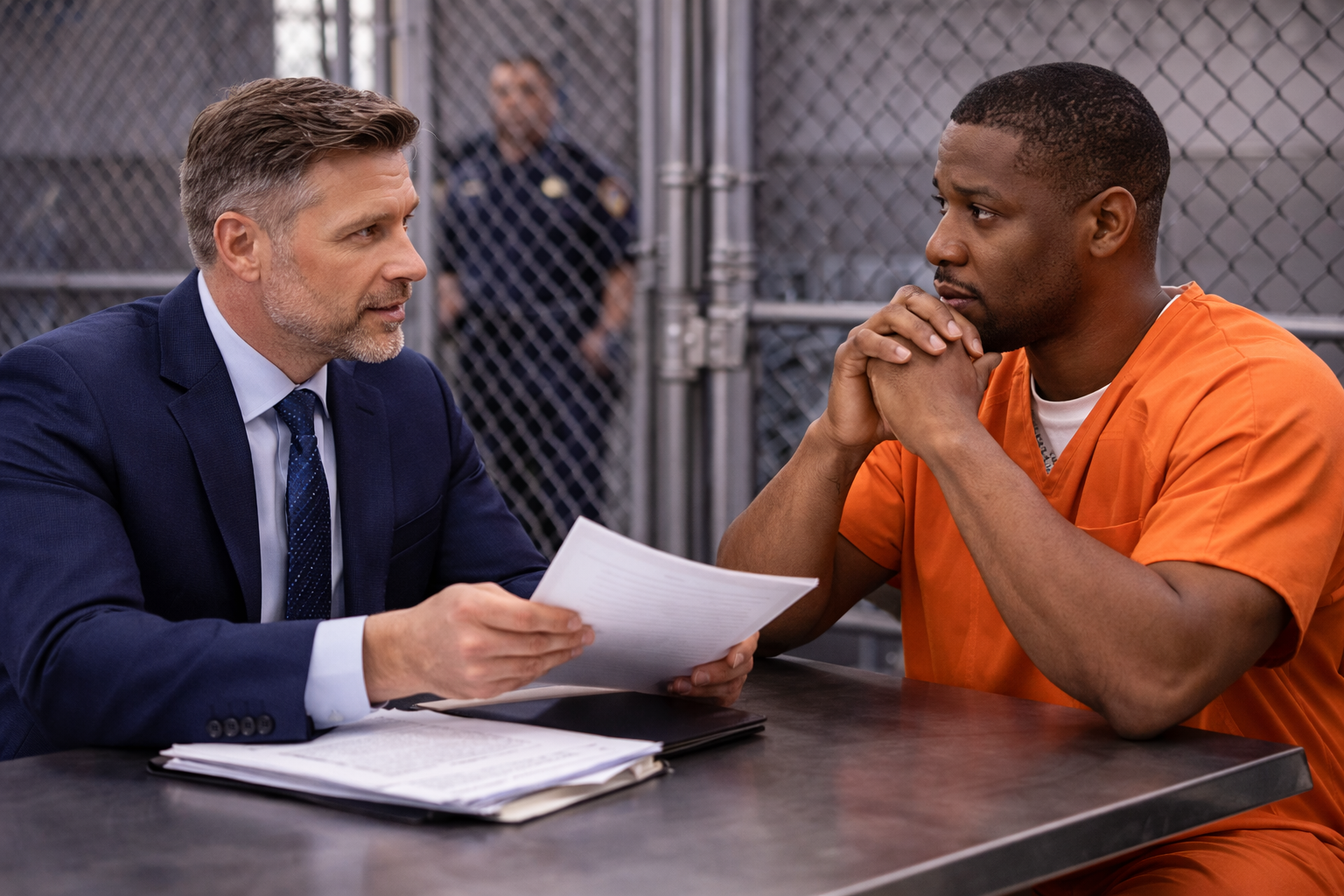 Criminal defense attorneys consulting with client before felony or misdemeanor court proceedings