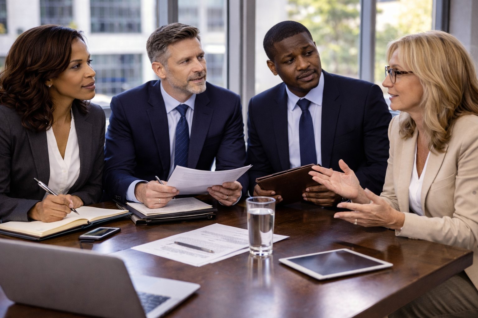 Business lawyer reviewing compliance documents and regulations