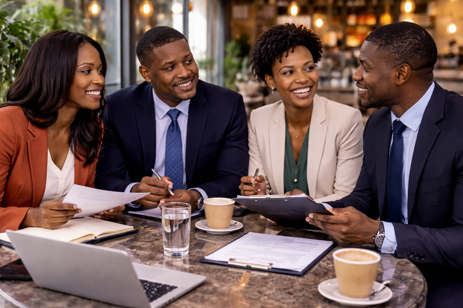 Business attorney analyzing growth strategy documents in professional office