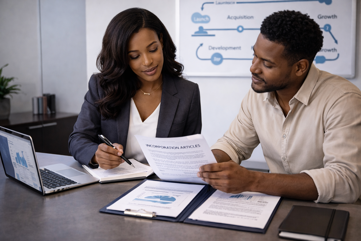 Business attorney assisting entrepreneur with startup formation documents