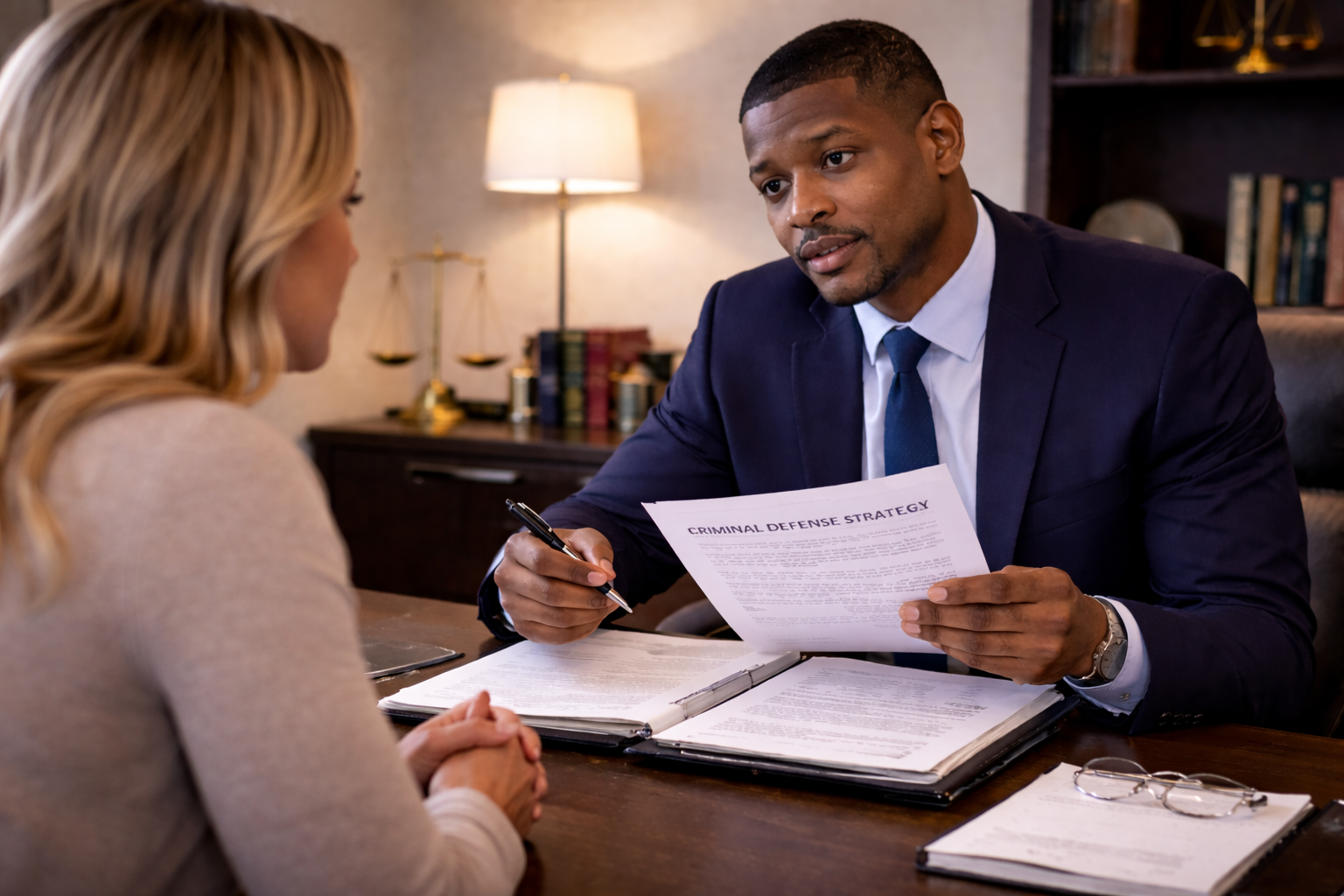 Criminal defense attorney reviewing case strategy with client before trial
