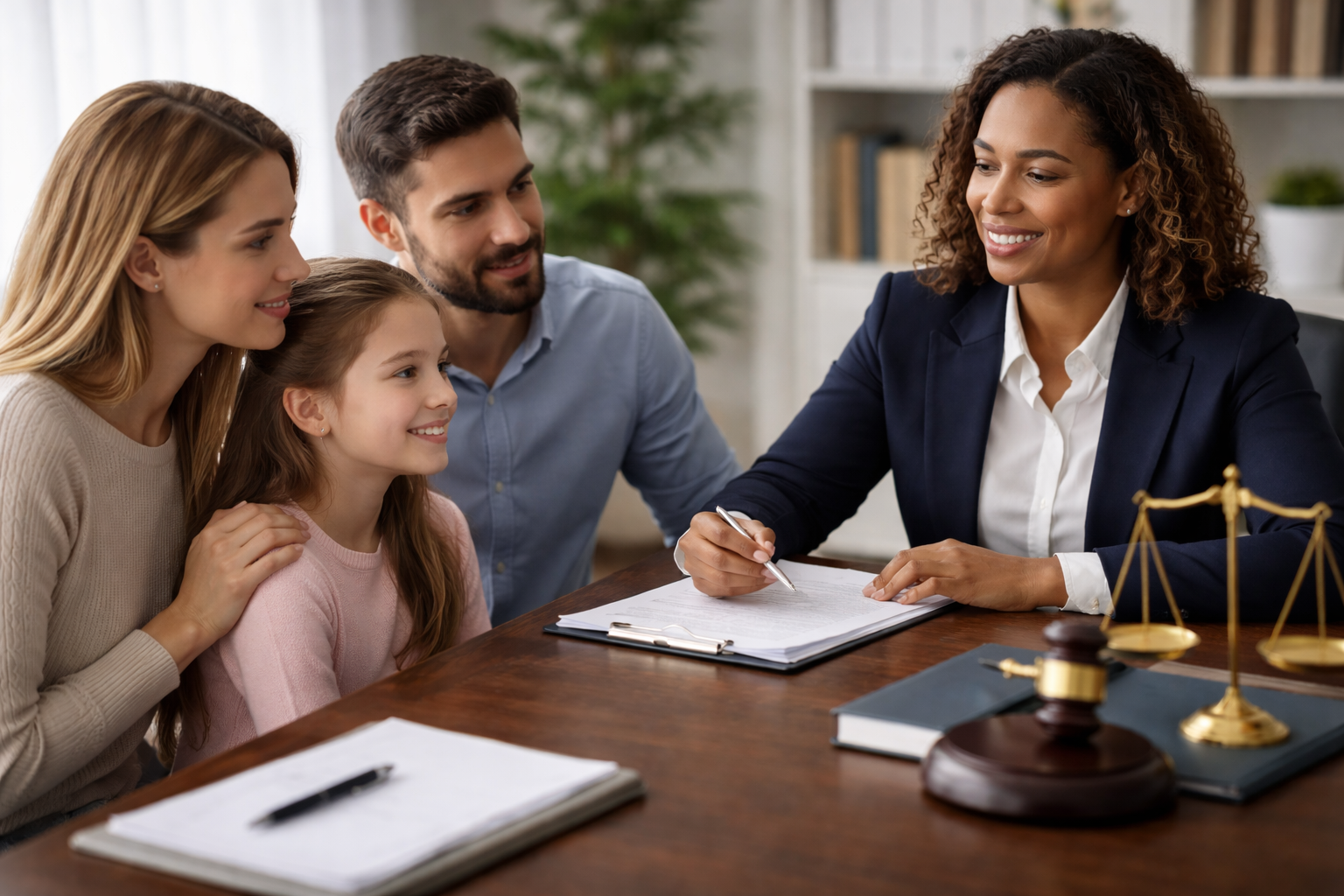 Family law attorney offering supportive legal advice in a professional office setting